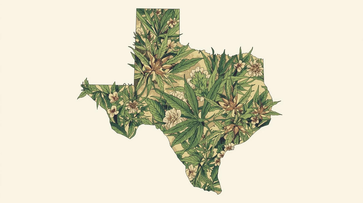 Texas state map with hemp flower and a product research checklist
