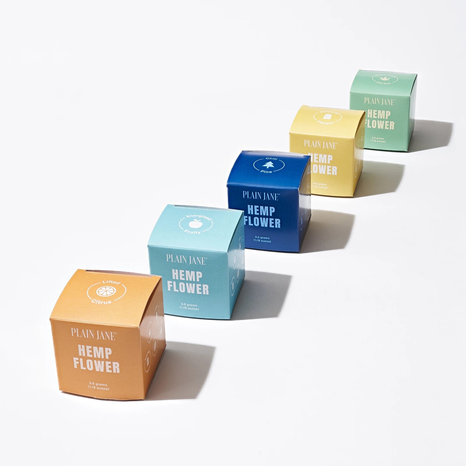 Five early Plain Jane CBD flower boxes in pastel colors photographed on white
