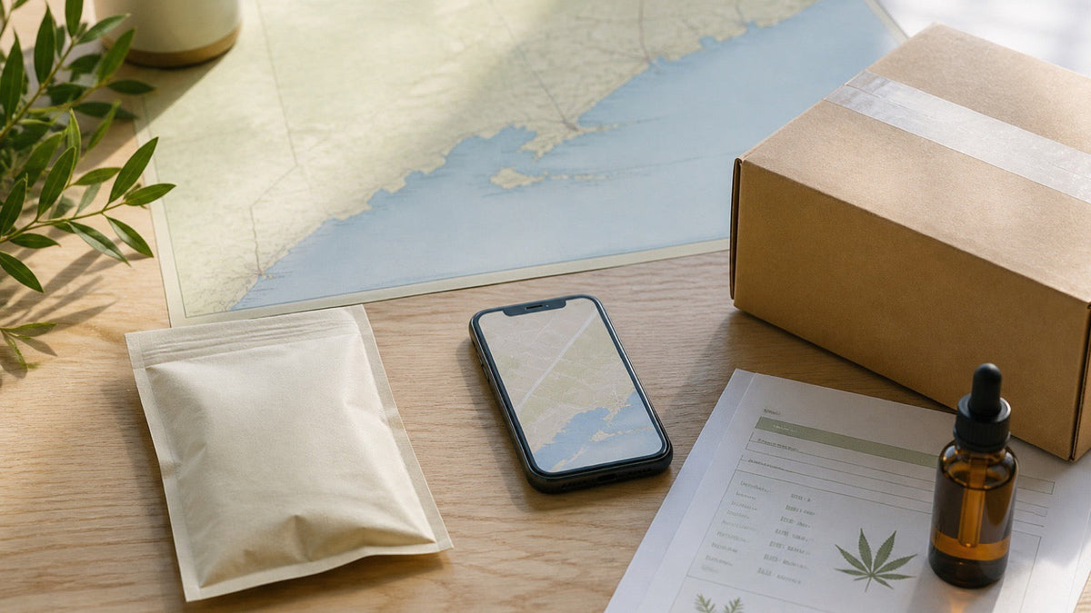 Connecticut delivery and hemp shipping comparison with a map, parcel, phone and CBD oil