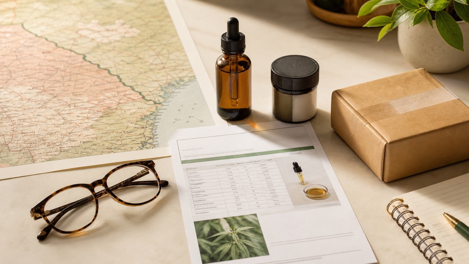 Georgia hemp product-form review with CBD oil, packaging, a parcel and lab records