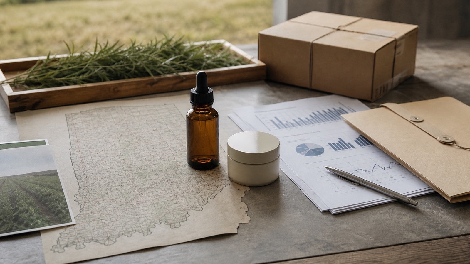 Indiana finished hemp product review with a state map, CBD oil, lab charts and parcel
