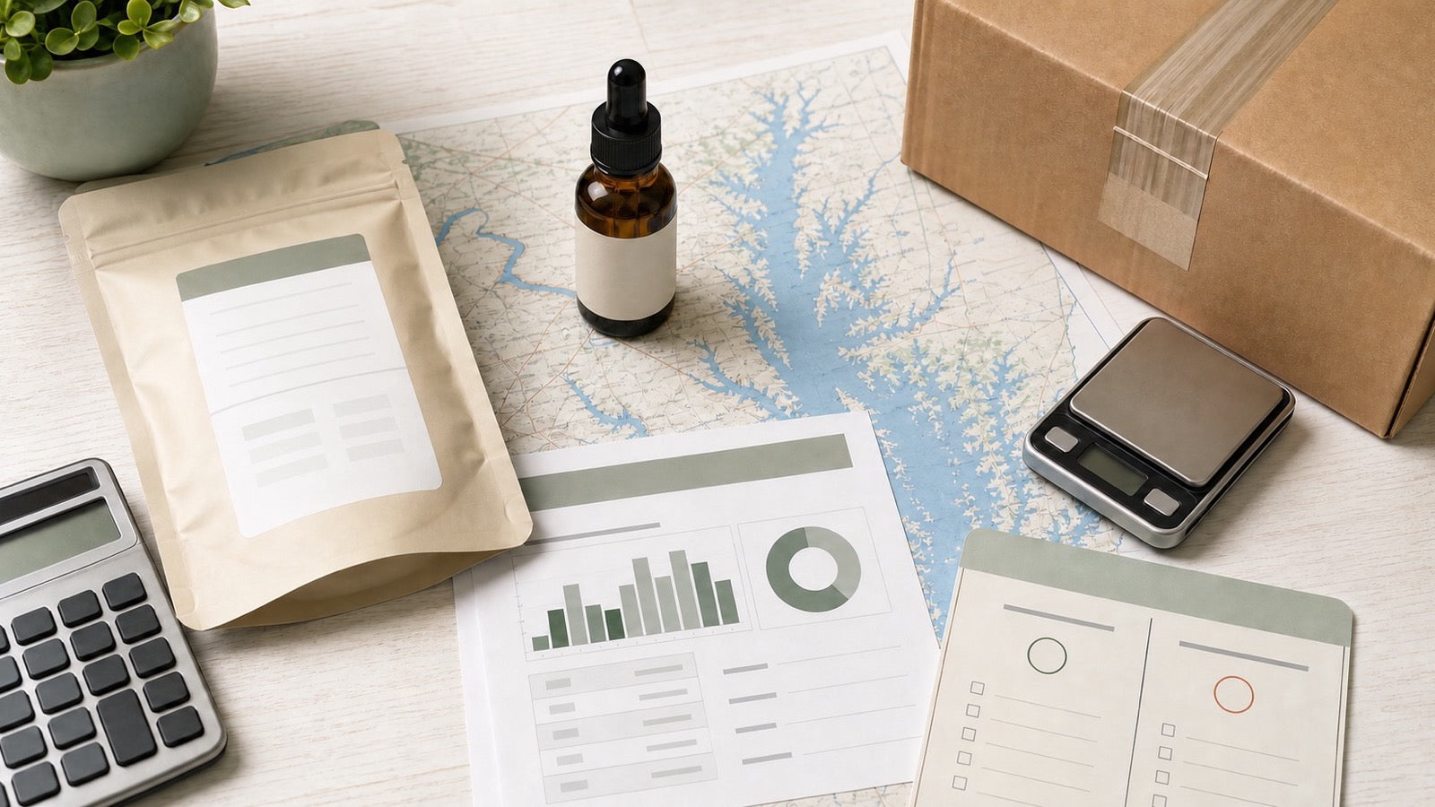 Maryland package review with a Chesapeake map, CBD oil, parcel, scale and lab charts