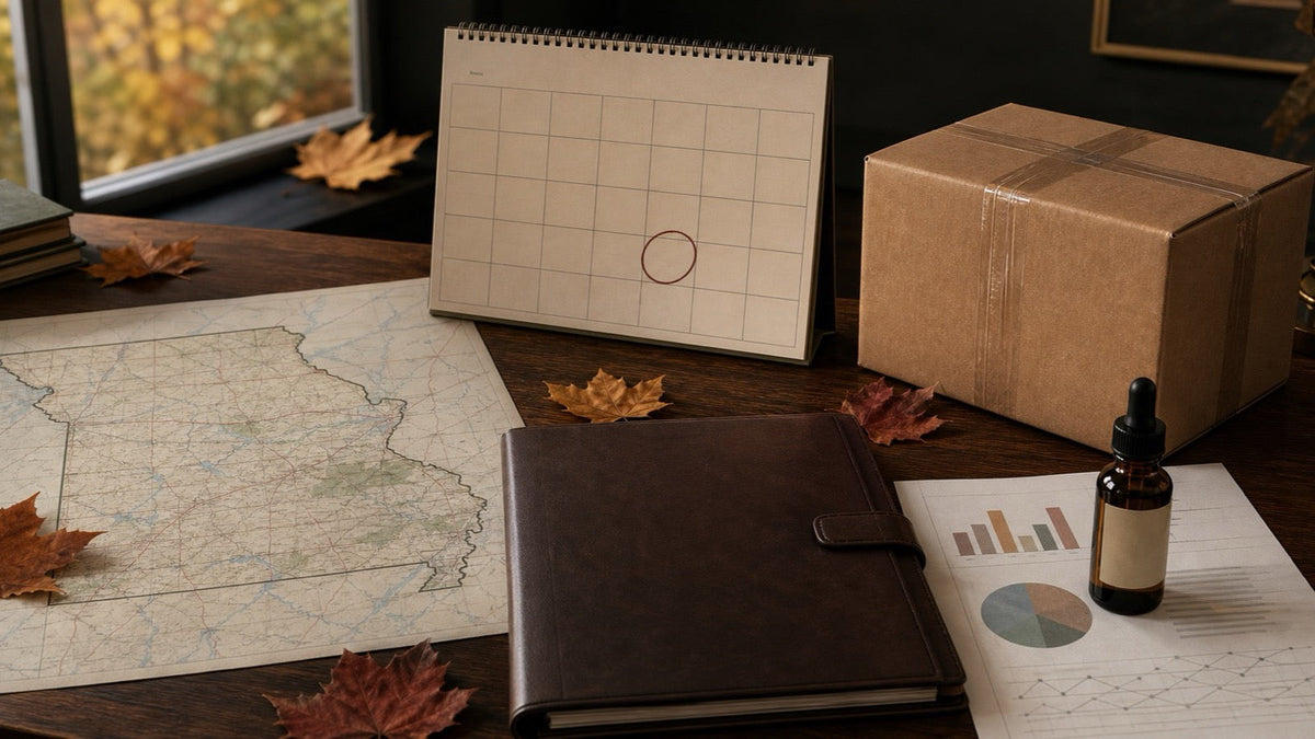 Missouri November hemp law transition planning with a state map, calendar and parcel