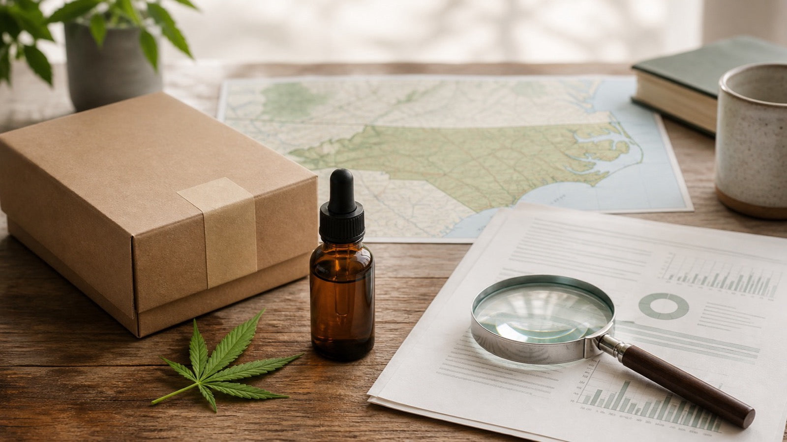 North Carolina hemp shipping research with a parcel, CBD oil, map and lab report