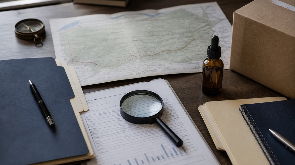 Pennsylvania online hemp research with a state map, parcel, CBD oil and batch report