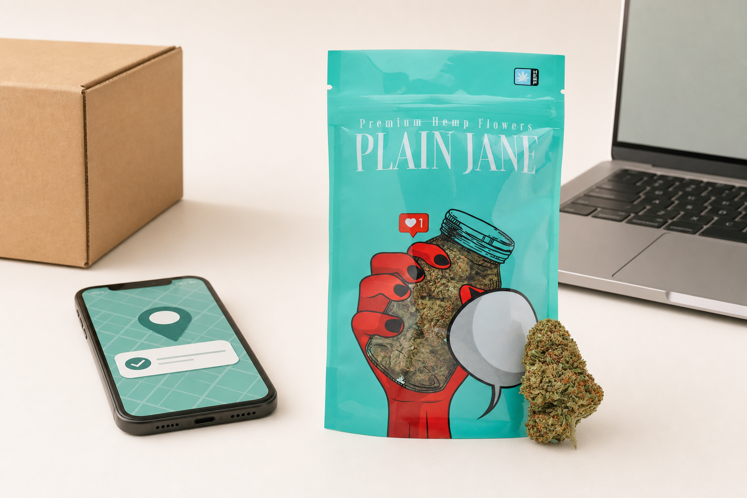 Plain Jane flower beside a phone map, laptop, and shipping box for an online cannabis buying guide