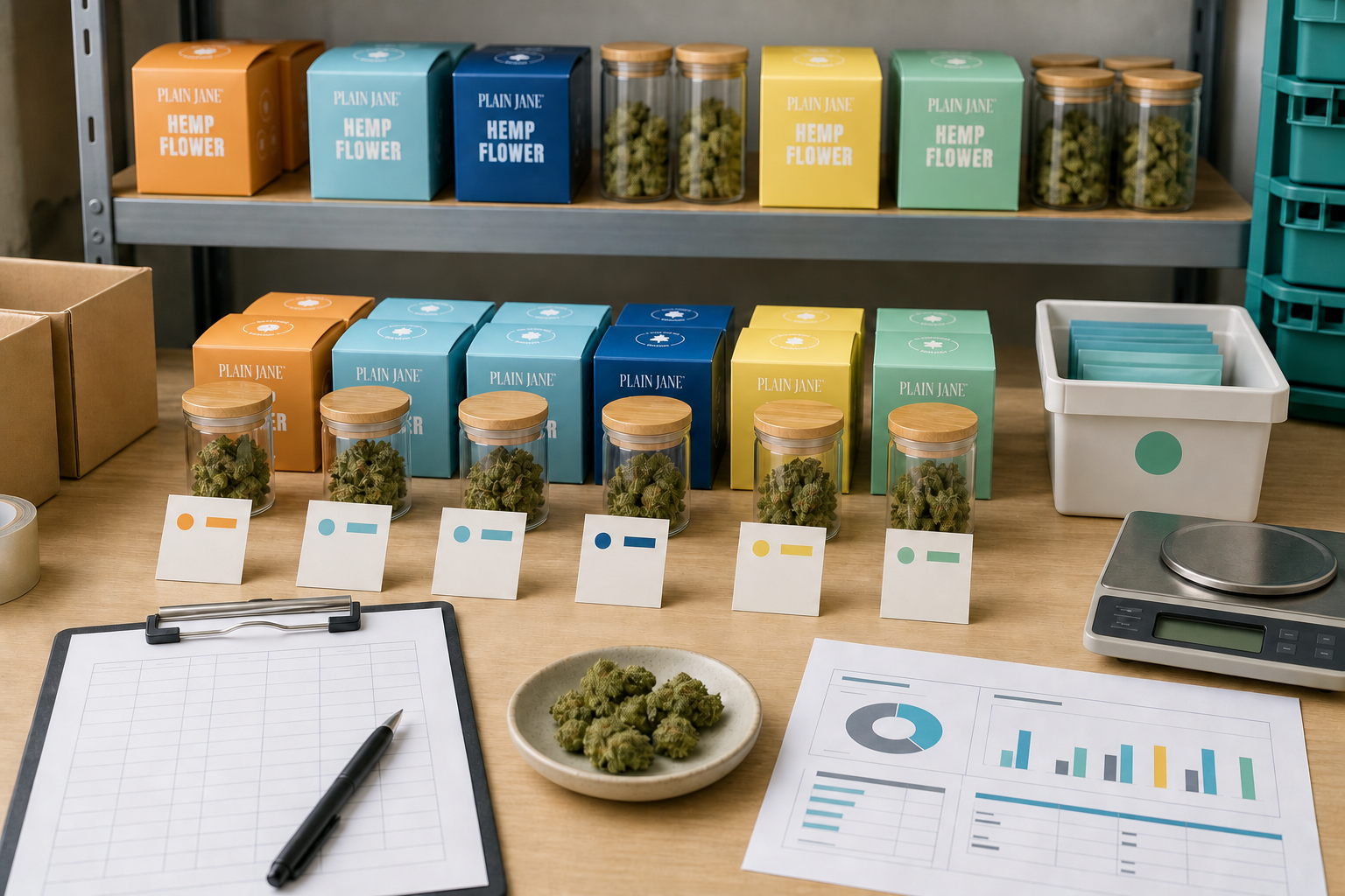 Plain Jane flower packages and jars with inventory worksheets and a scale for retailer stock tracking