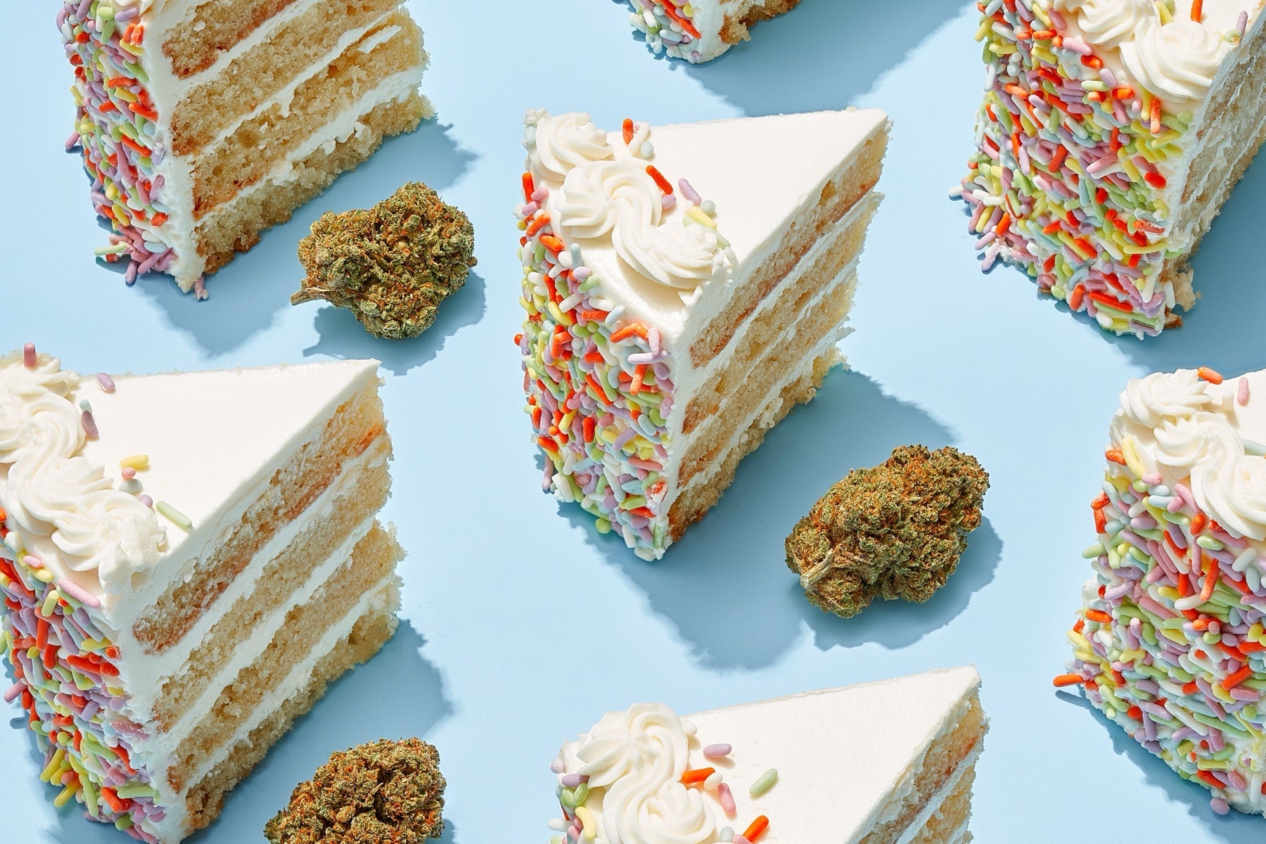 Plain Jane flower buds styled with colorful cake slices in a real product photograph