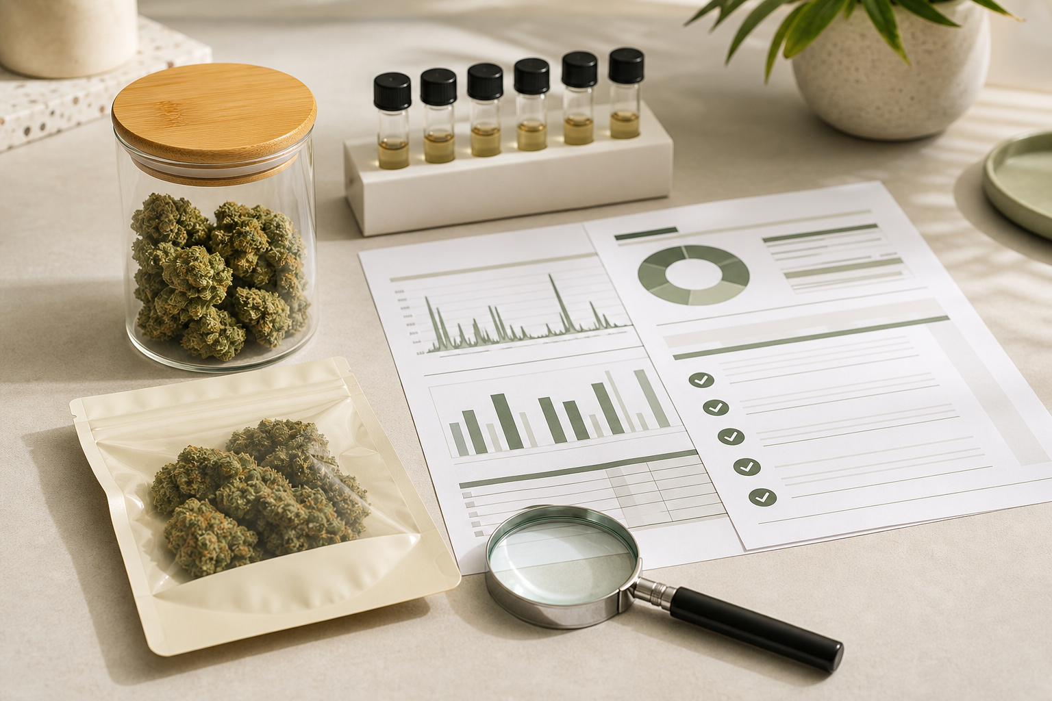 CBN hemp flower samples beside a magnifying glass and cannabinoid lab report