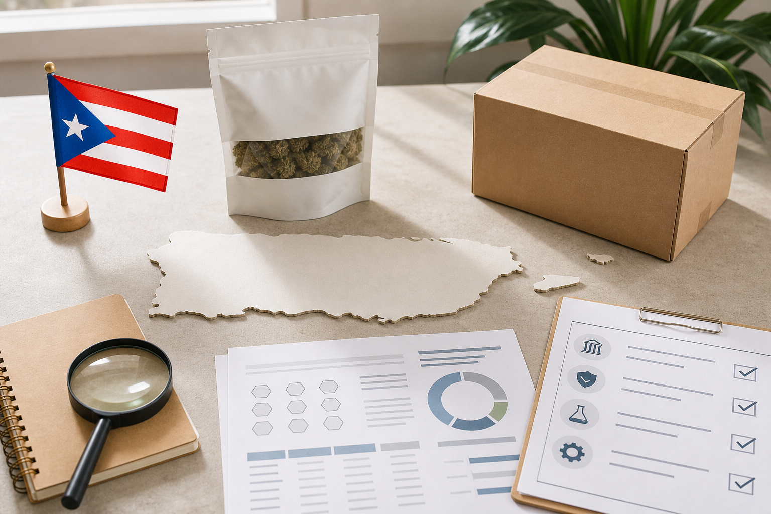 Puerto Rico map with hemp flower, shipping box and product research documents