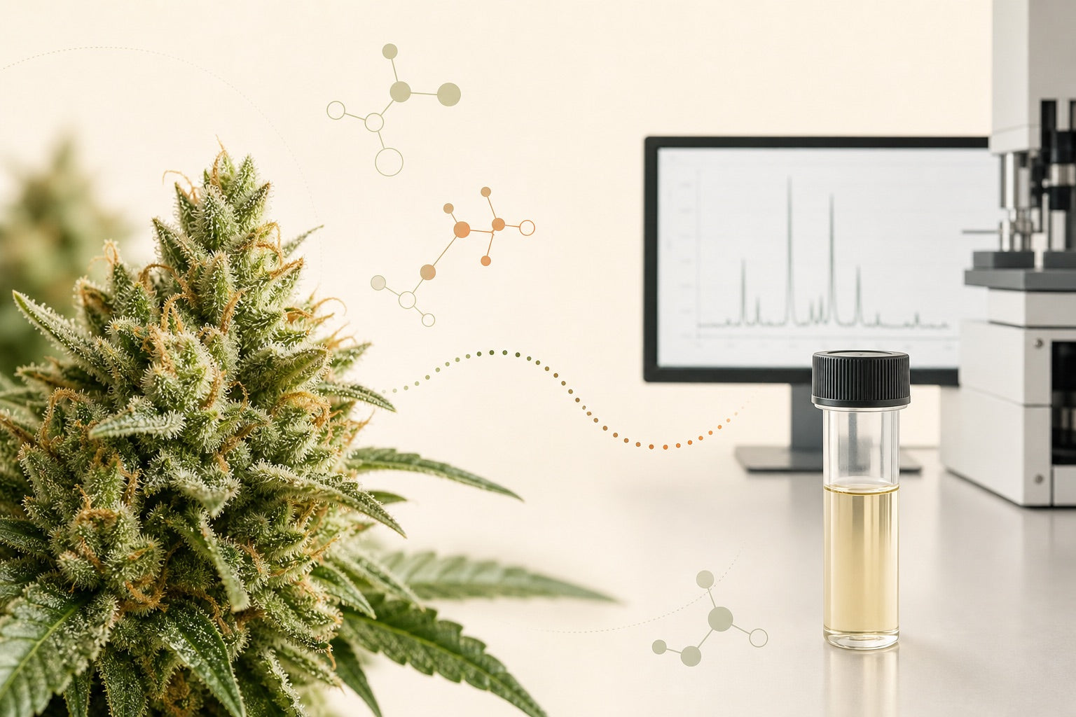 THCA flower beside a laboratory specimen tube and analytical graph