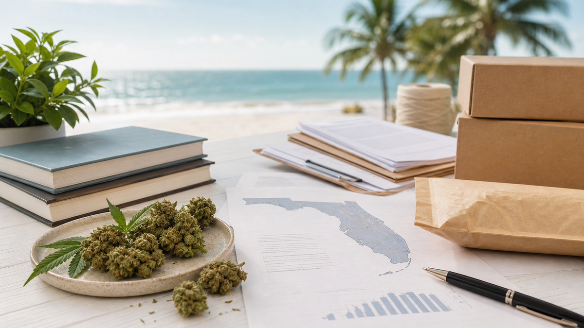 Florida map with hemp flower, shipping materials and policy research documents
