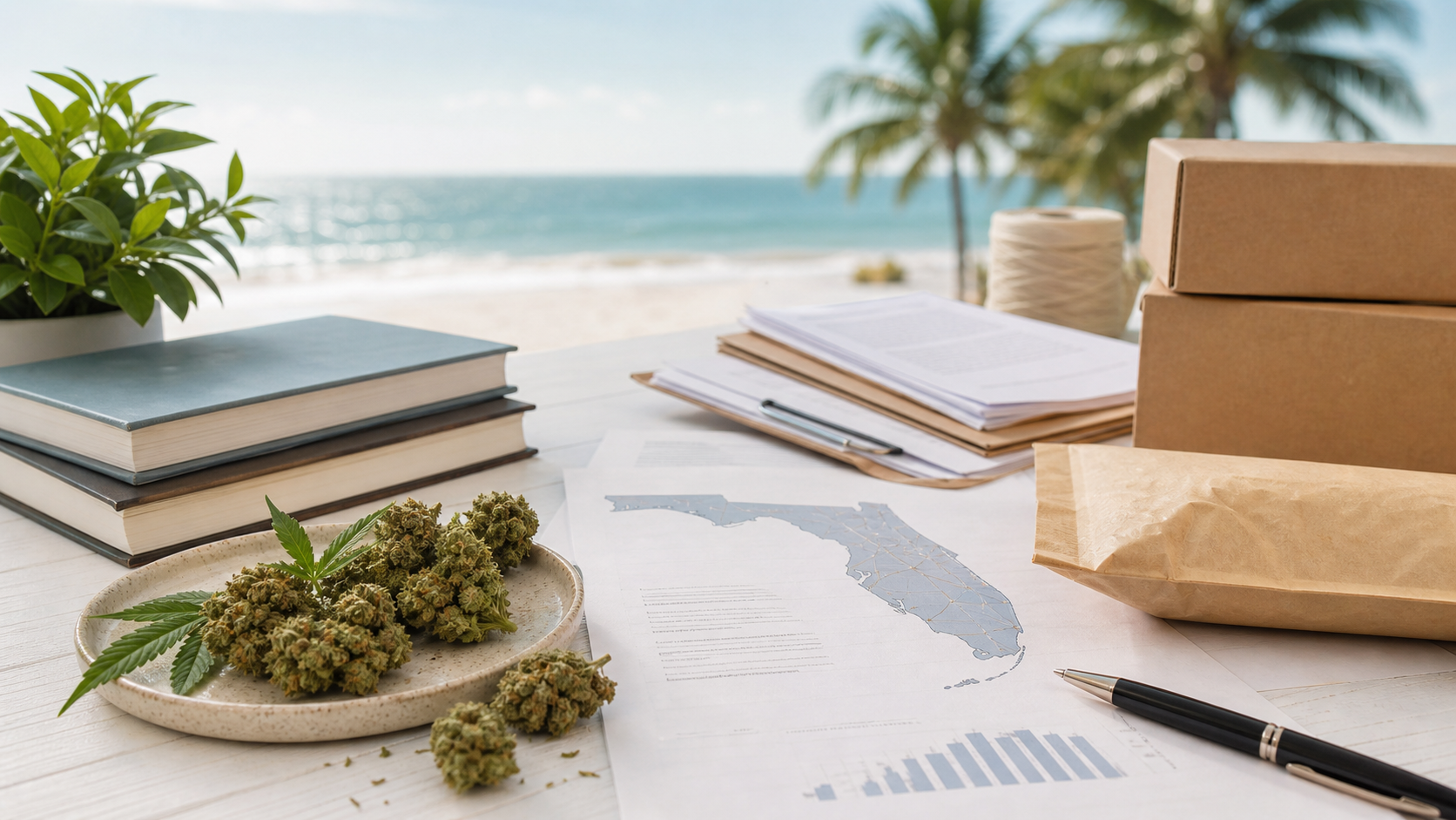 Florida map with hemp flower, shipping materials and policy research documents