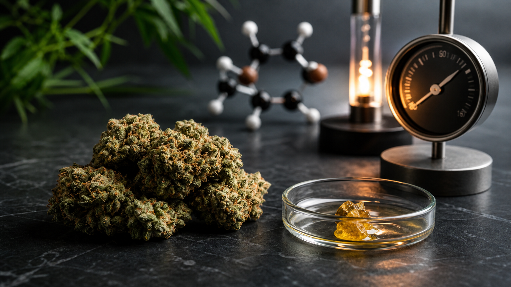 Hemp flower with laboratory models and a heat gauge for a THCA science guide