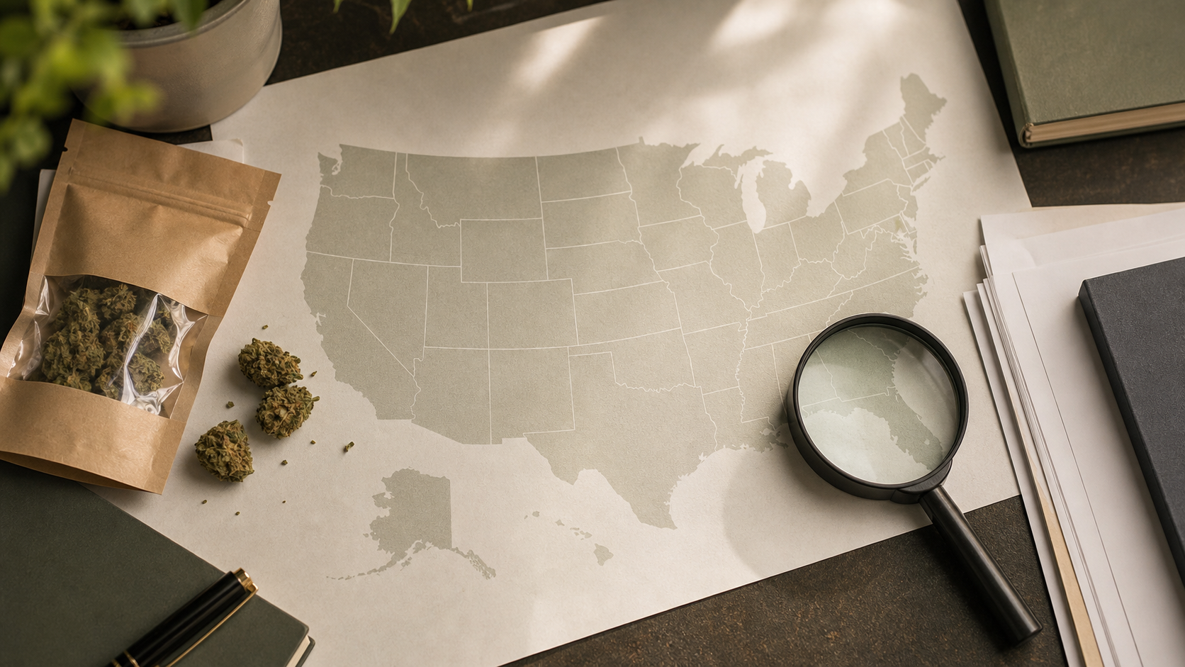 United States map, hemp flower and magnifying glass for state law research