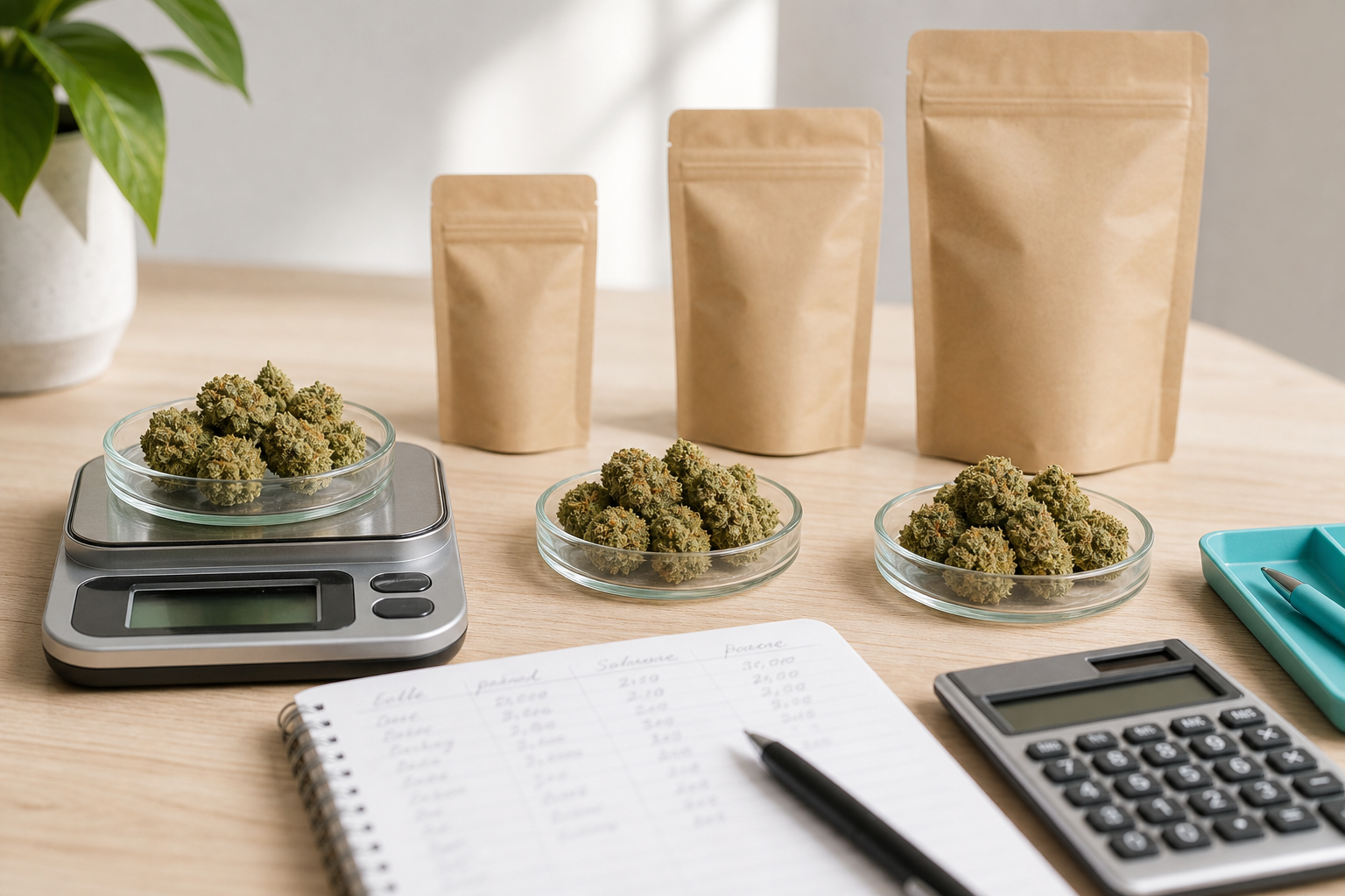 THCA flower portions, scale, packaging and price comparison worksheet