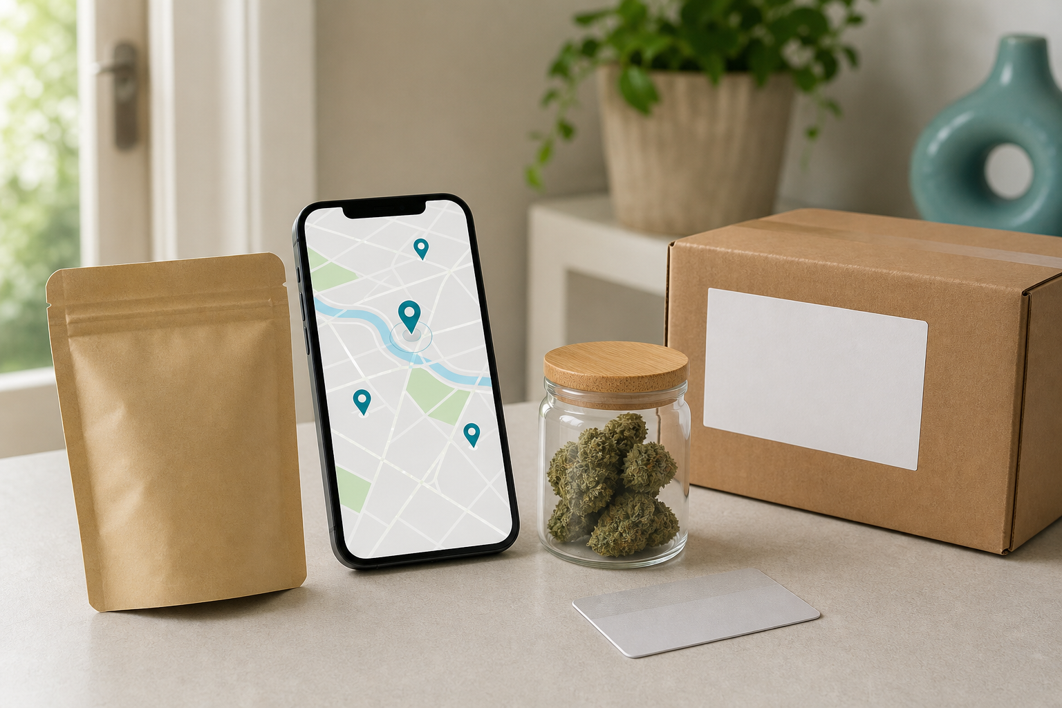 Map search, shipping box and hemp flower for a THCA shopping guide