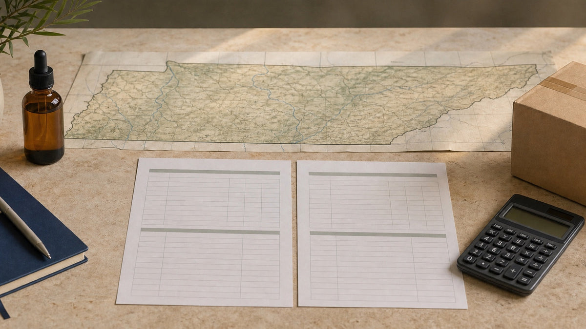 Tennessee total THC research with a state map, two lab reports, calculator and parcel