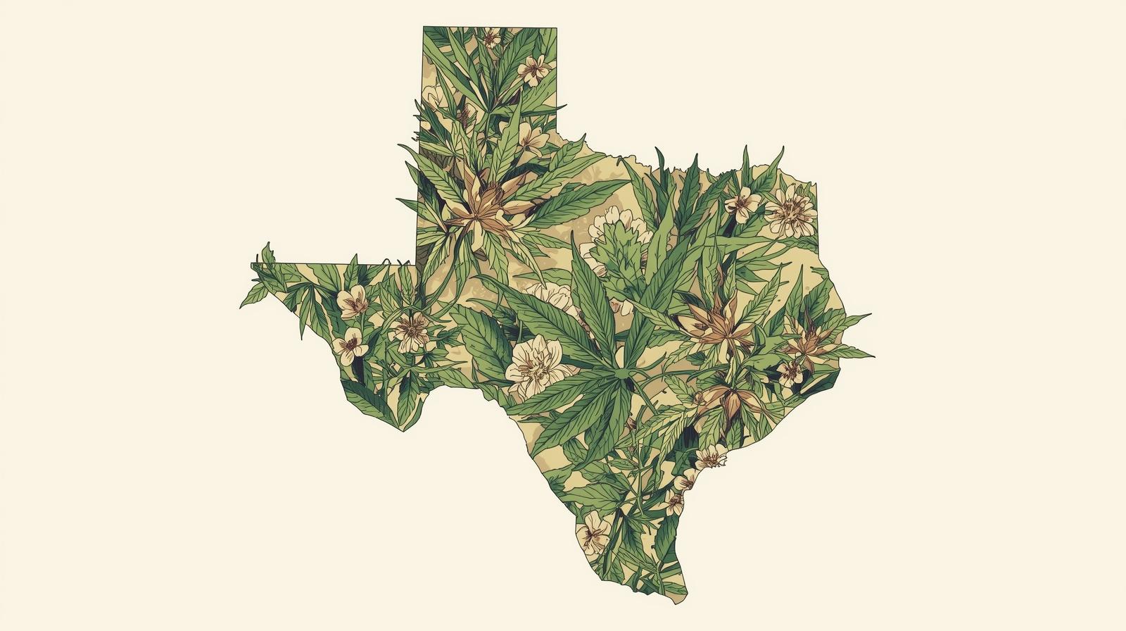 Texas state map with hemp flower and a product research checklist
