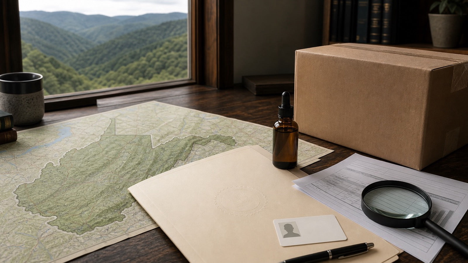 West Virginia remote hemp seller review with a mountain map, permit folder and parcel
