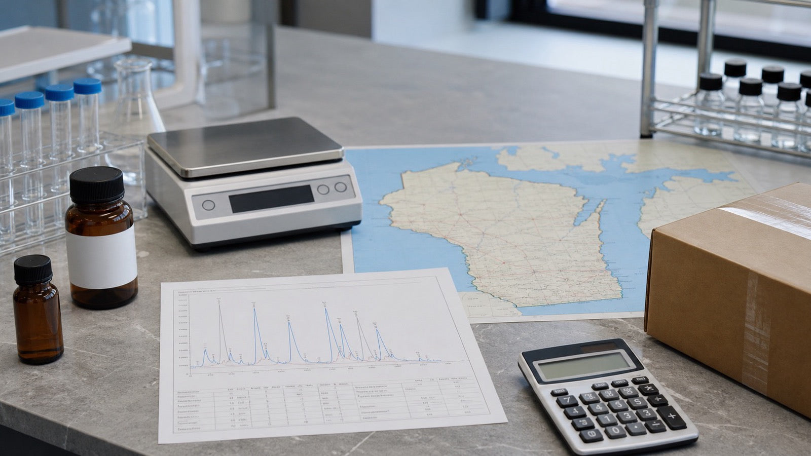 Wisconsin hemp laboratory review with a state map, sample bottles, calculator and parcel