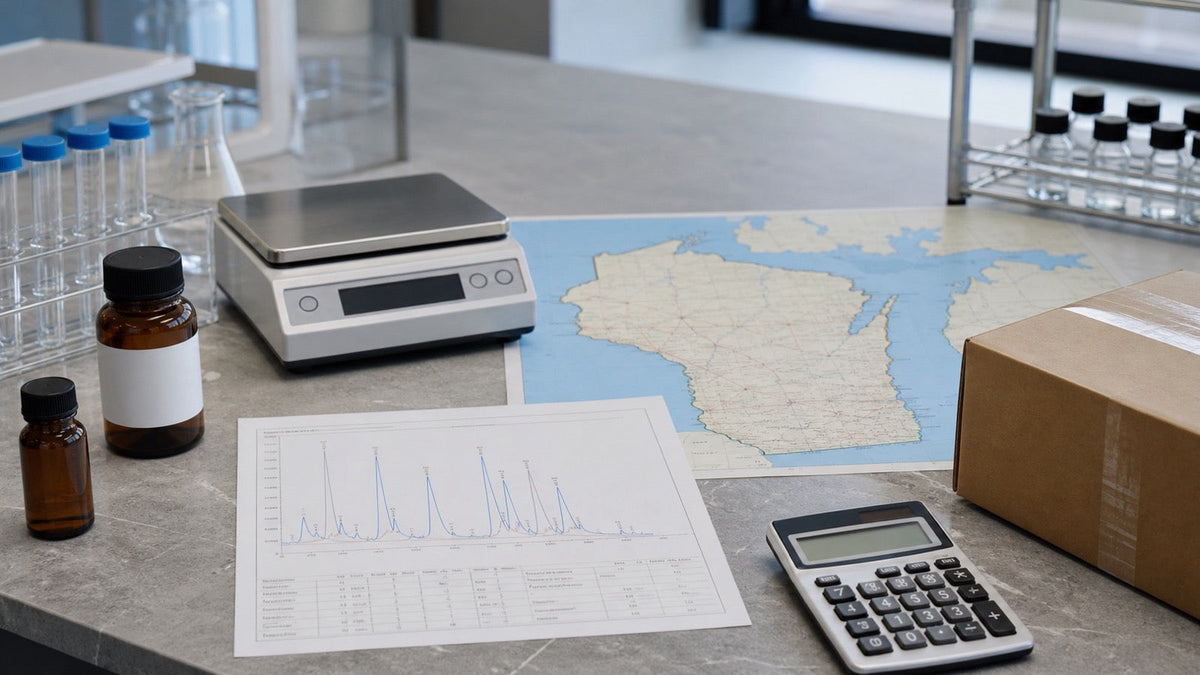Wisconsin hemp laboratory review with a state map, sample bottles, calculator and parcel
