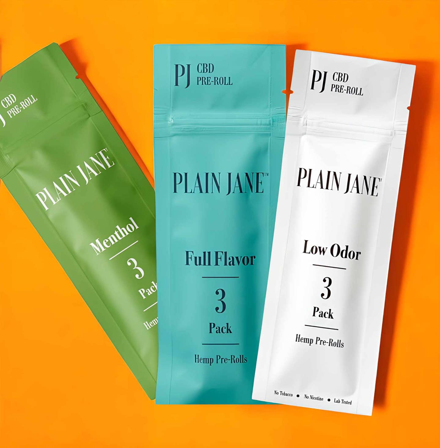 Three Plain Jane hemp pre-roll packs on an orange background