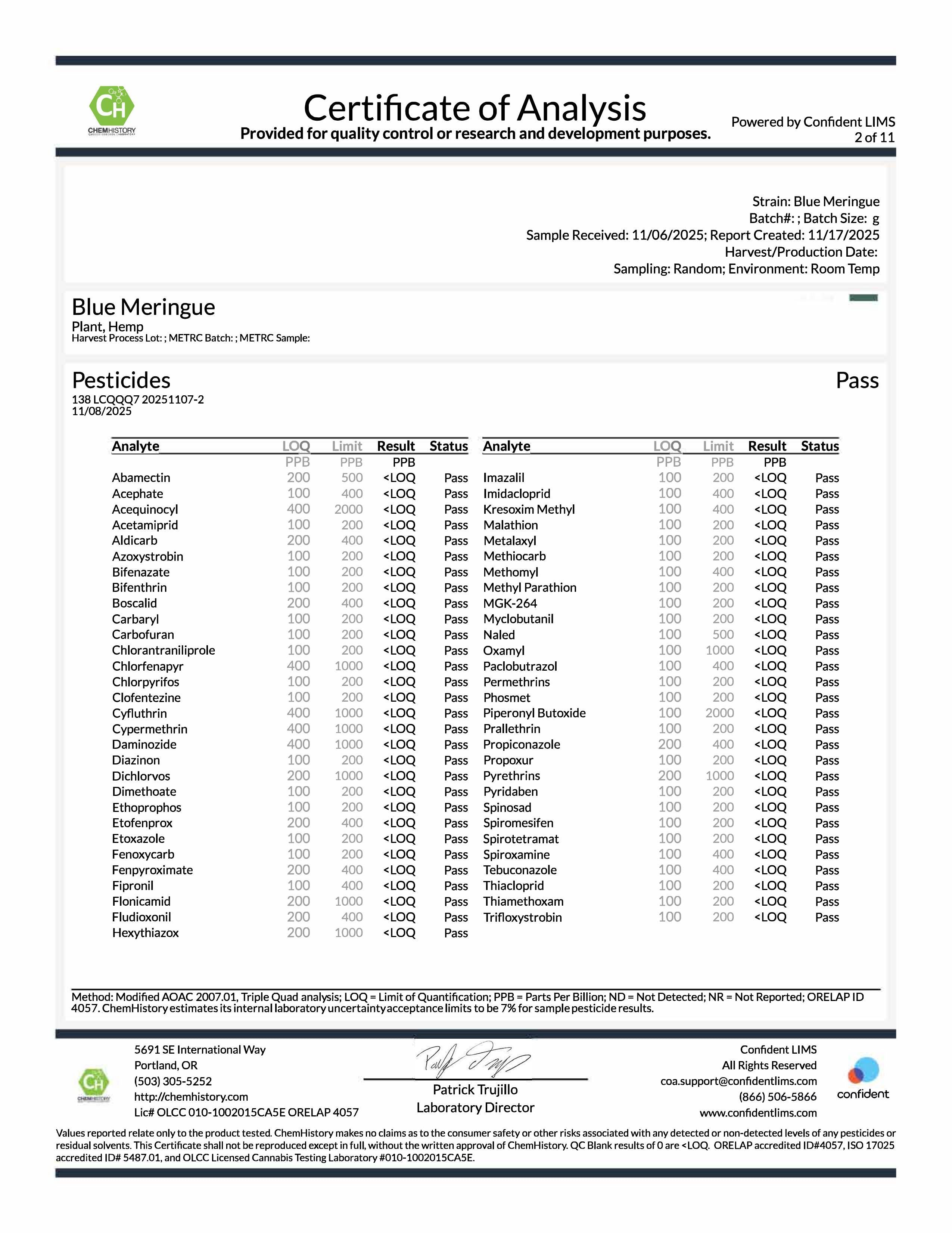 Blue Meringue COA Pesticides