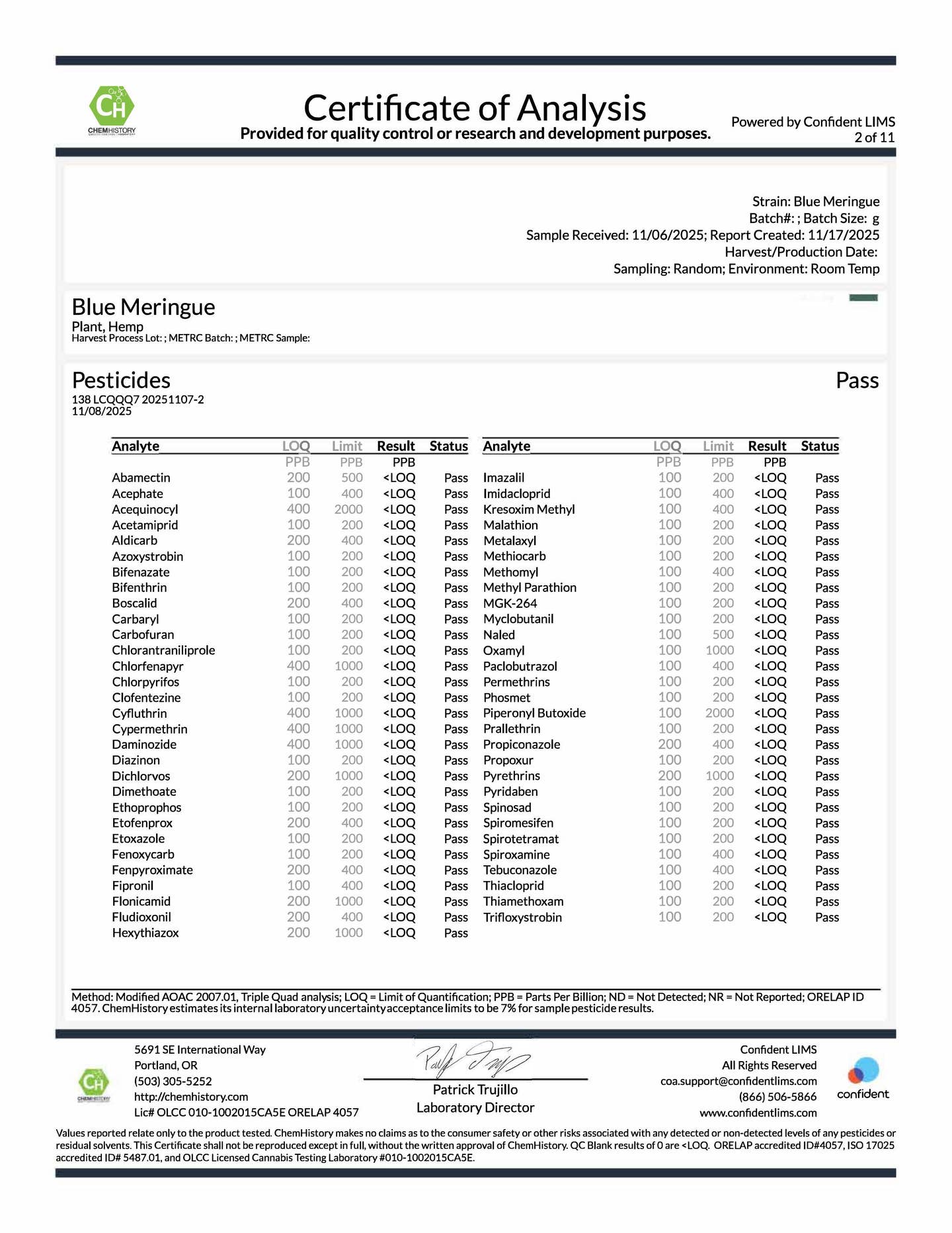 Blue Meringue COA Pesticides