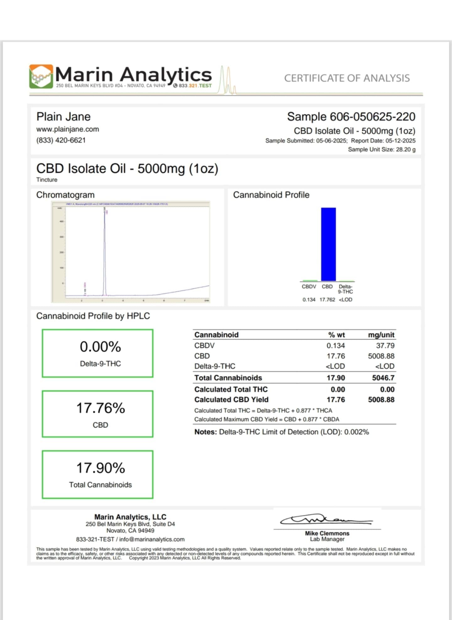 5,000 mg CBD Isolate Oil certificate of analysis