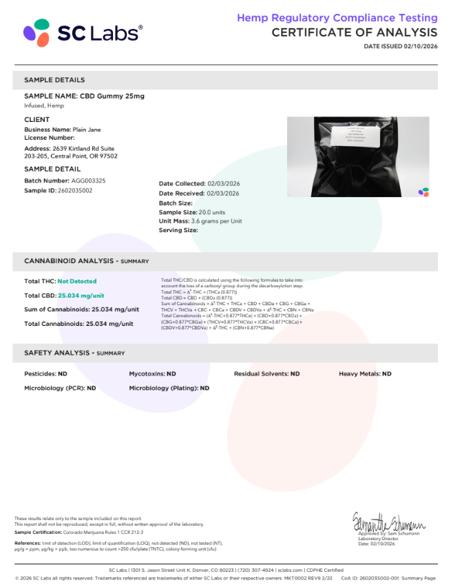 Plain Jane CBD gummy coa pg 1