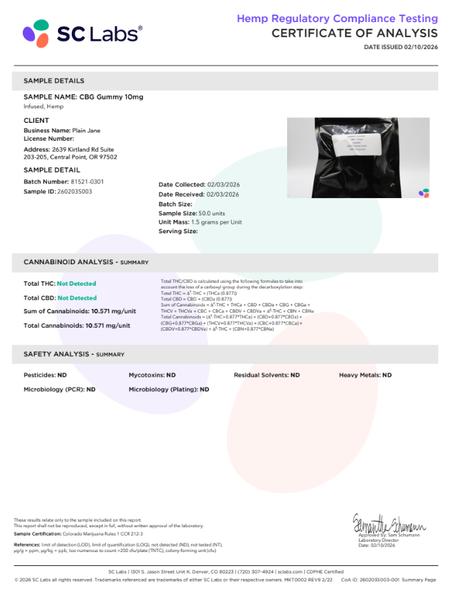 Plain Jane CBG gummy coa pg 1 