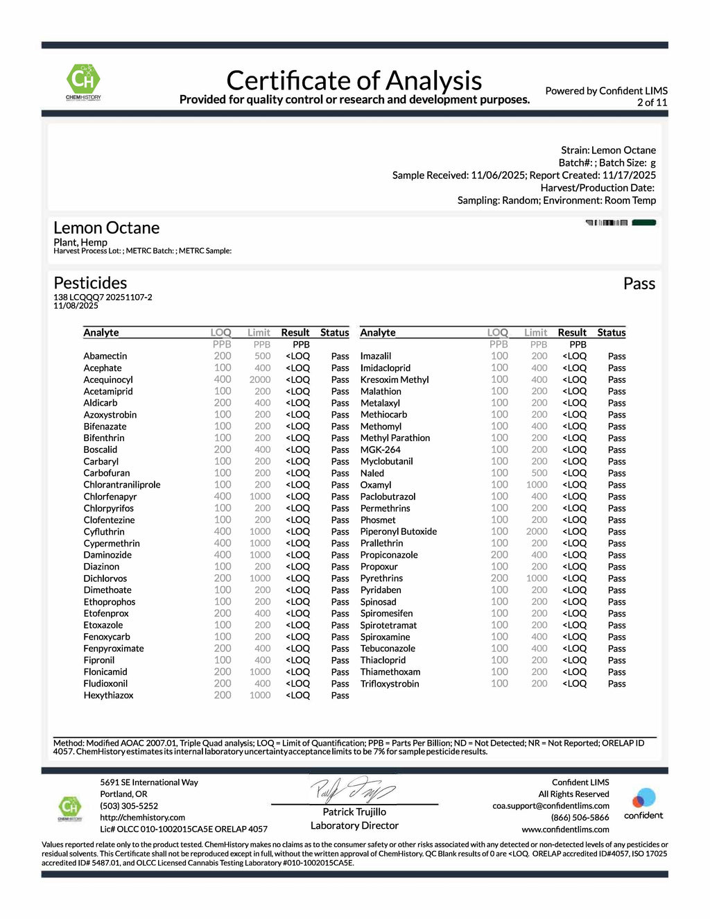 Lemon Octane COA Pesticides
