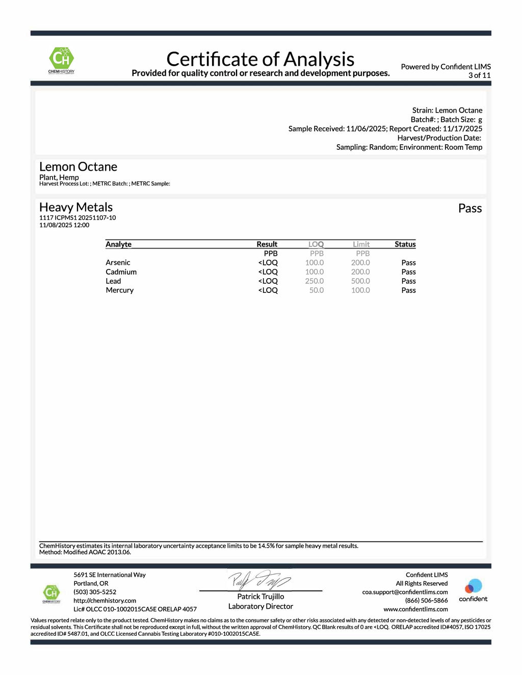 Lemon Octane COA heavy metals 