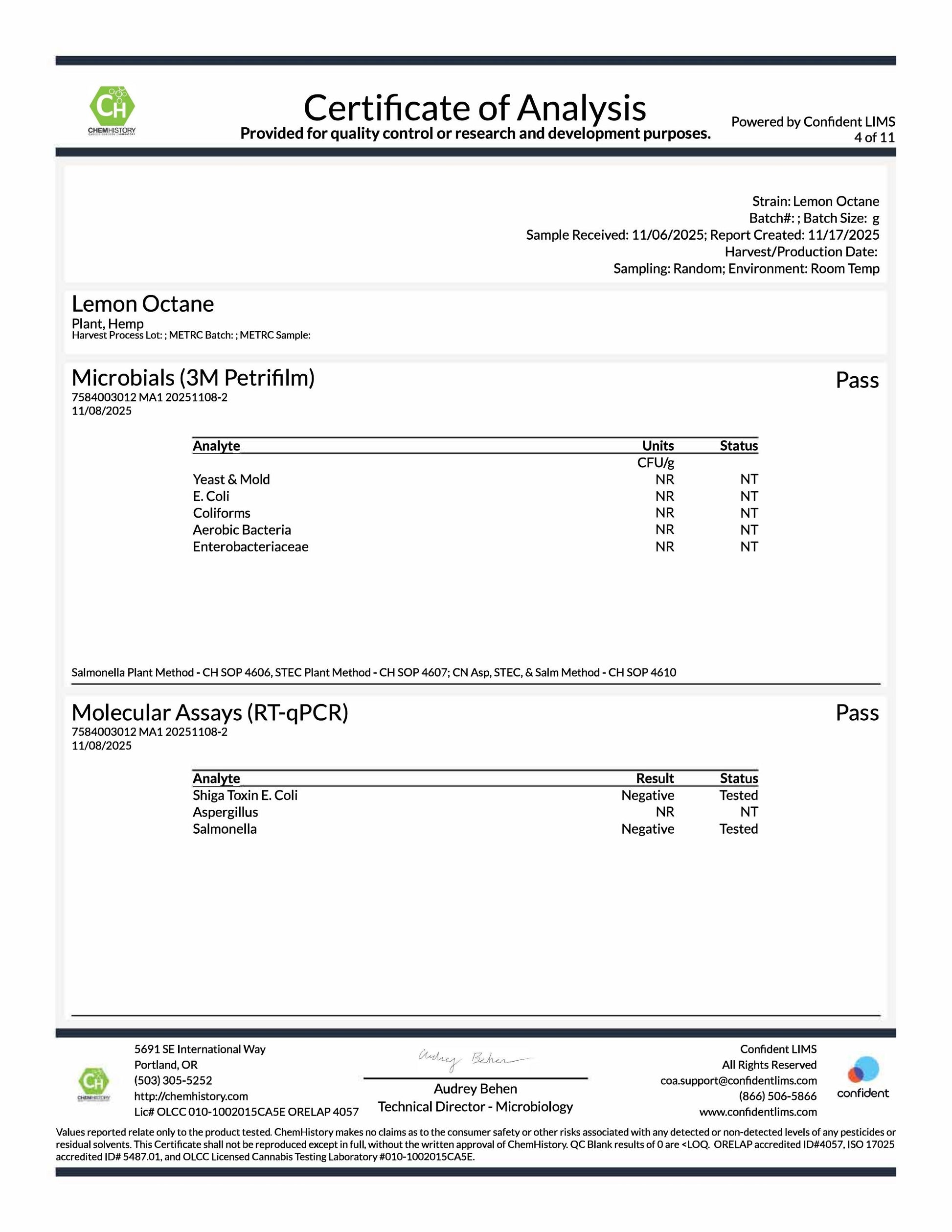 Lemon Octane COA microbials