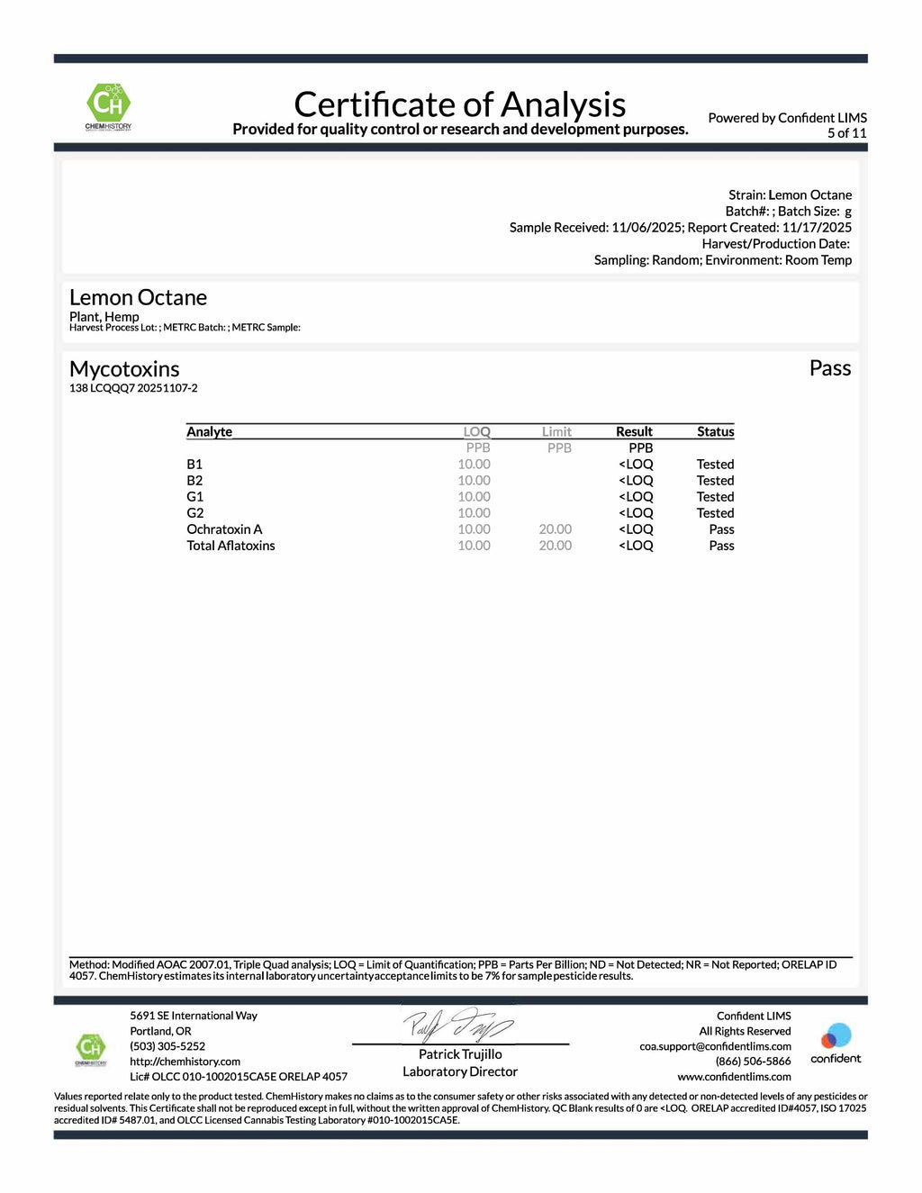 Lemon Octane COA mycotoxins