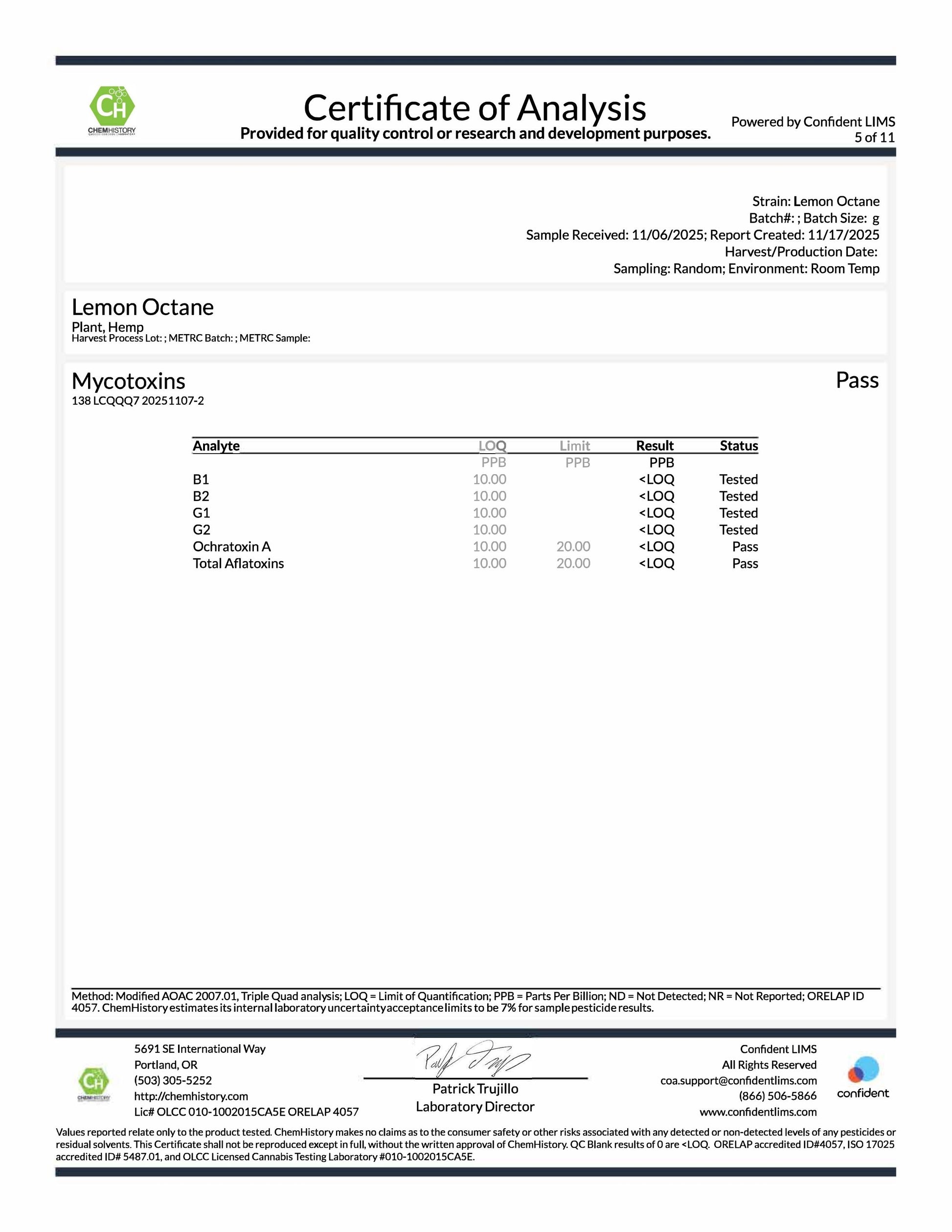 Lemon Octane COA mycotoxins