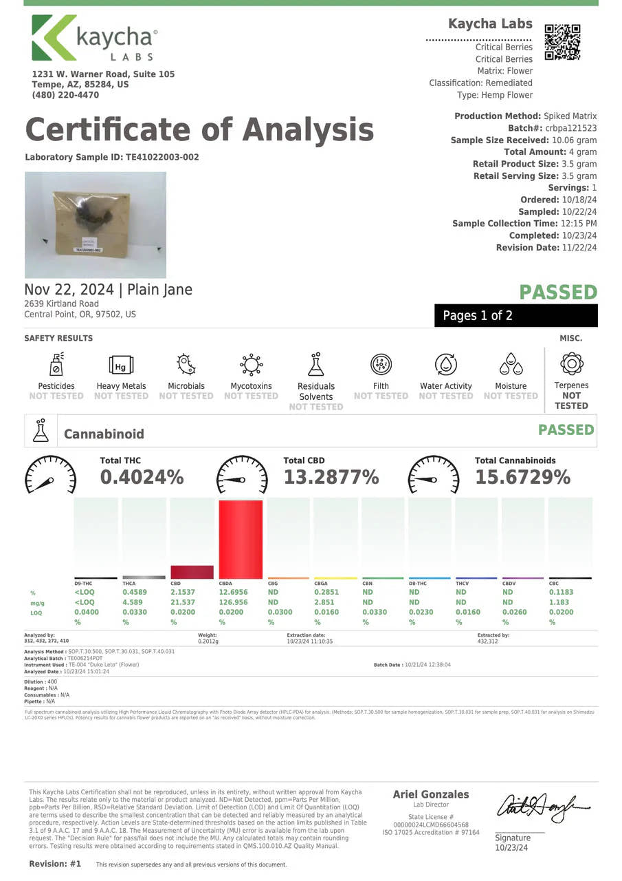 CBD small buds report TE41022003-002 certificate of analysis