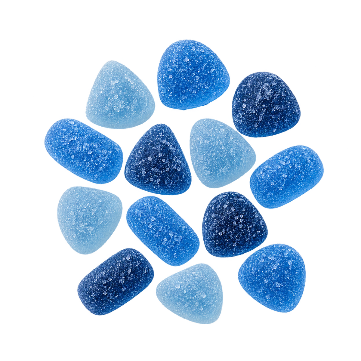 Bulk Sour Blueberry Delta 9 Gummies - loose sugar-coated gummies in a consistent overhead bulk product photo