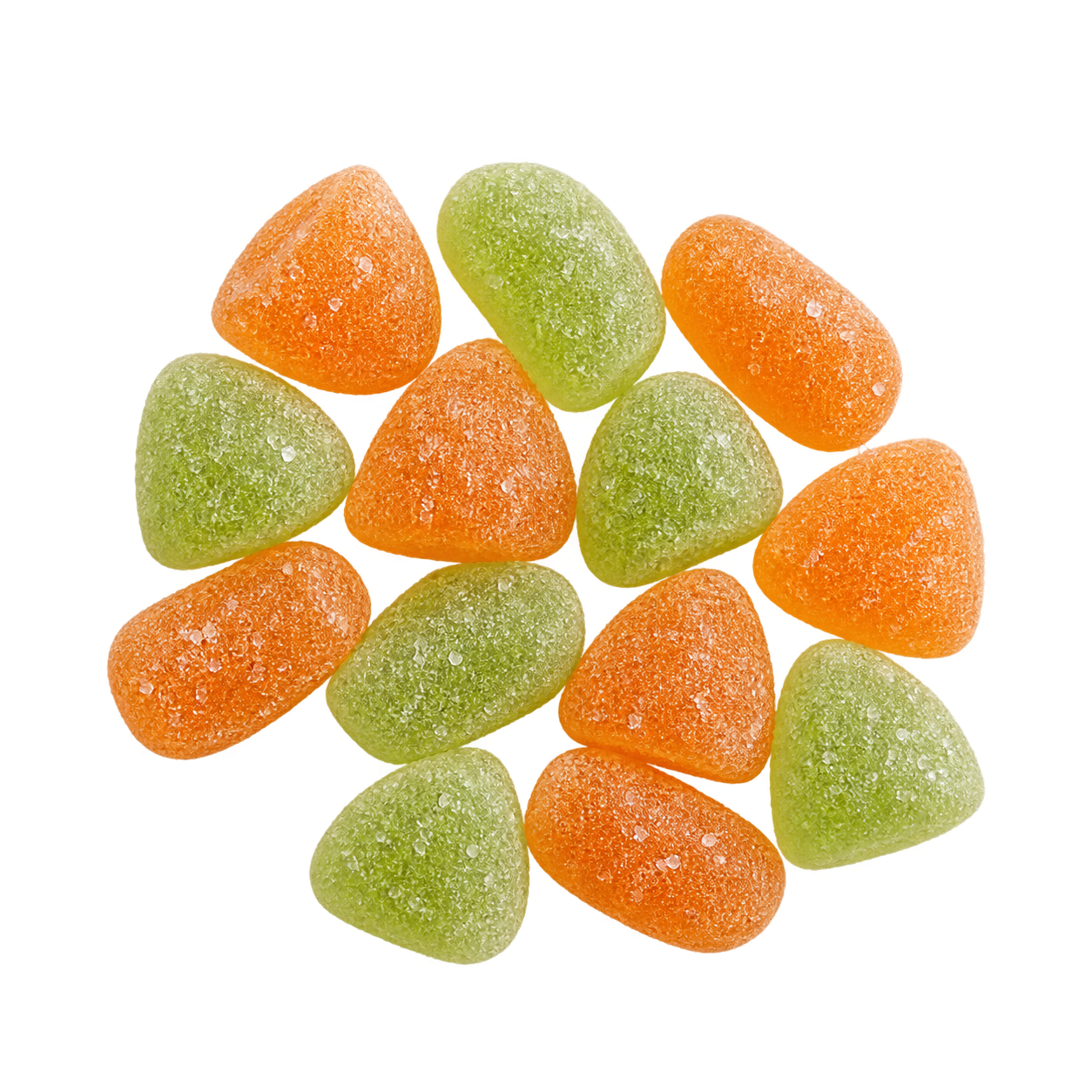 Bulk Cantaloupe Honeydew Delta 9 Gummies - loose sugar-coated gummies in a consistent overhead bulk product photo