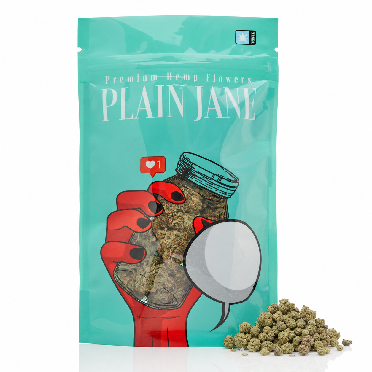Plain Jane hemp flower bag with a representative pile of THCA small buds