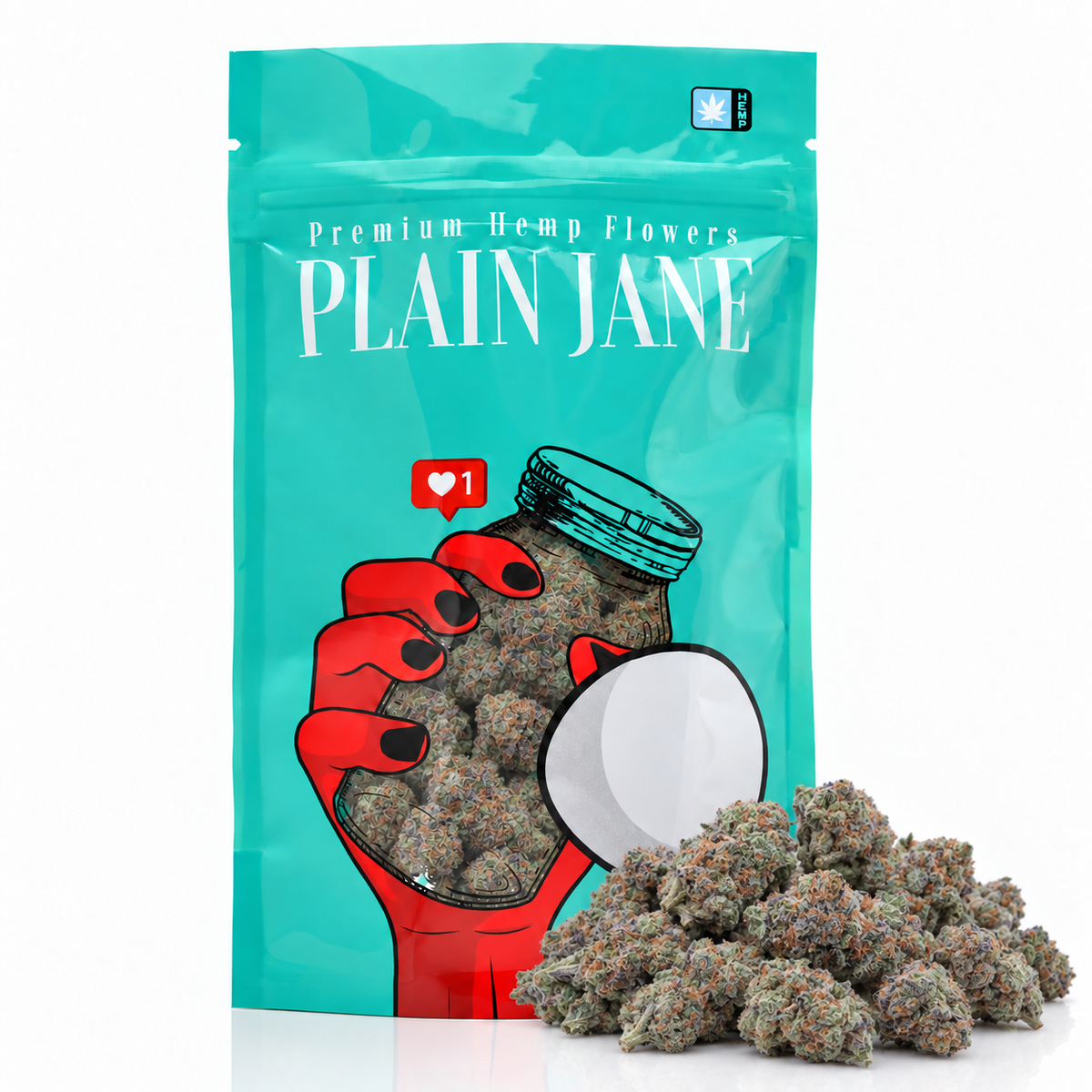 Plain Jane pouch with Gary Cherry THCA flower current-batch buds