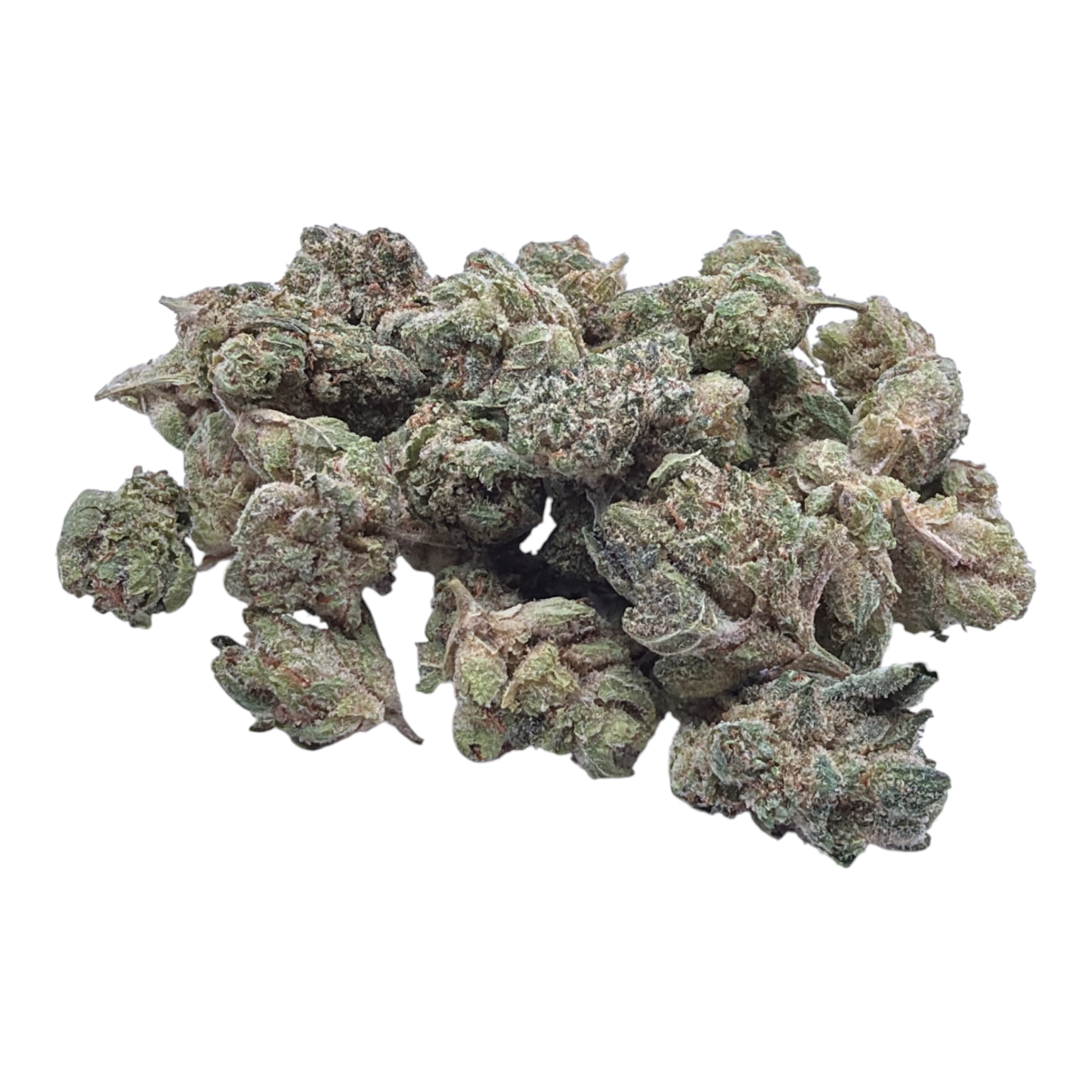Glue Train Smalls THCA flower - Gabe current-batch small-bud pile on white background