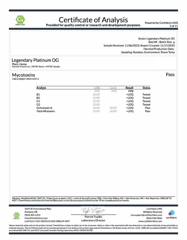Legendary Platinum og mycotoxins coa