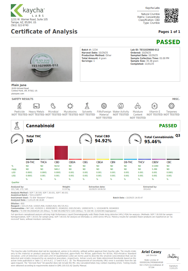 Natural full-spectrum CBD crumble certificate of analysis
