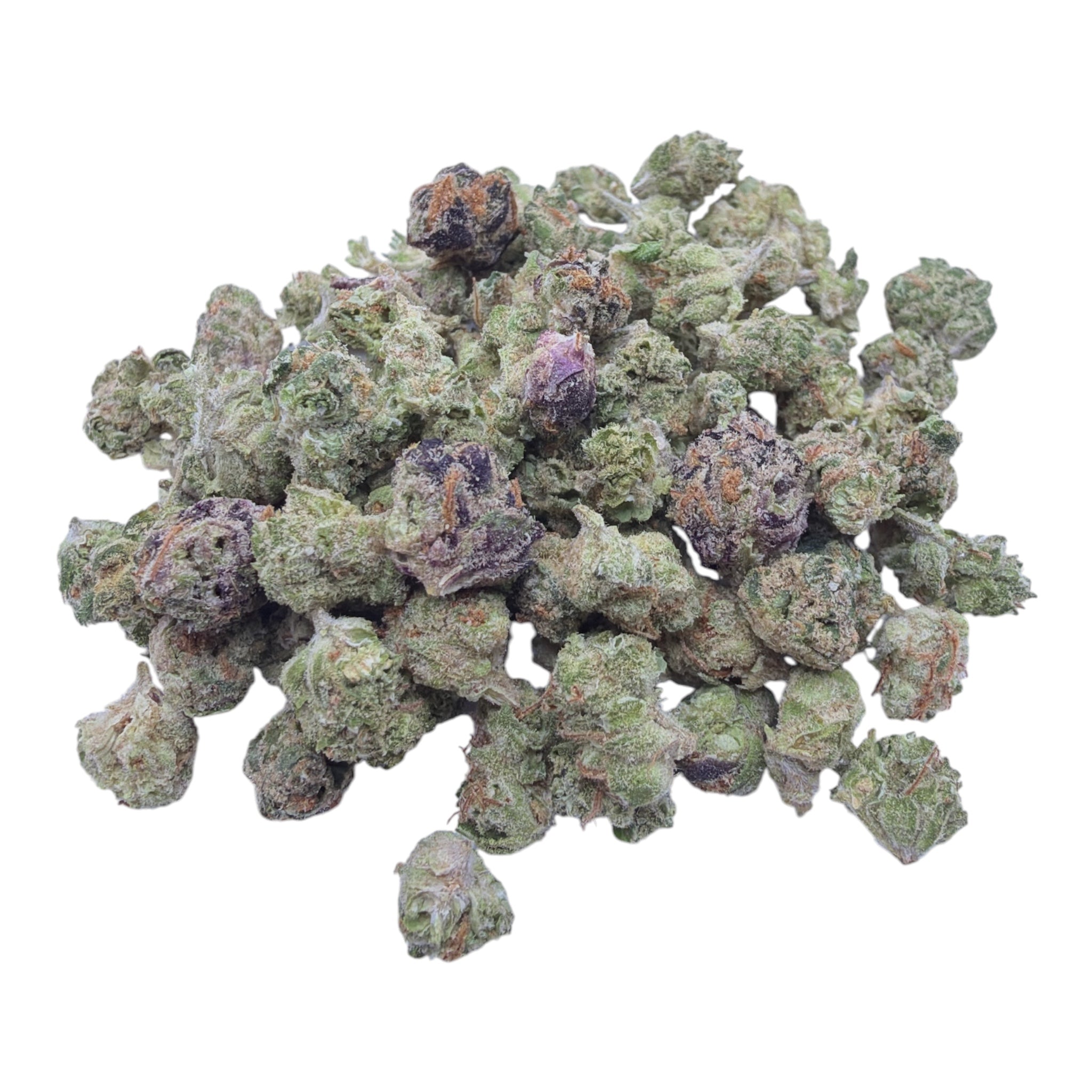 Peanut Butter Breath Micros THCA flower isolated current-batch buds on white background