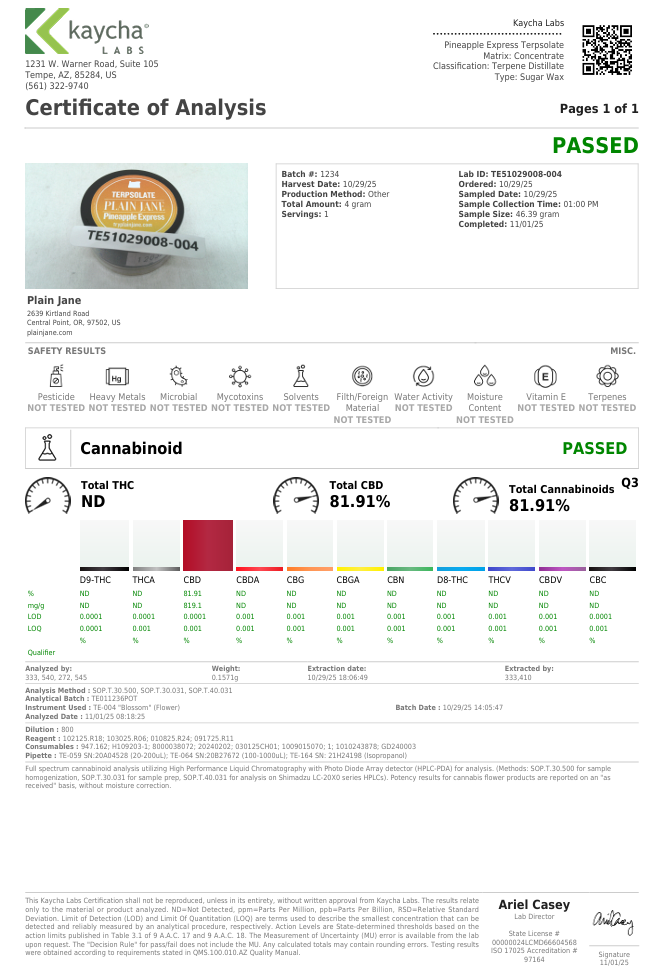 Plain Jane pineapple express tersolate coa
