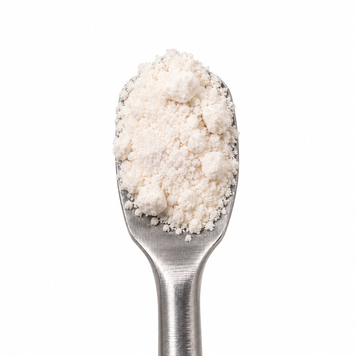 THCA isolate powder on a stainless steel spoon against a white background