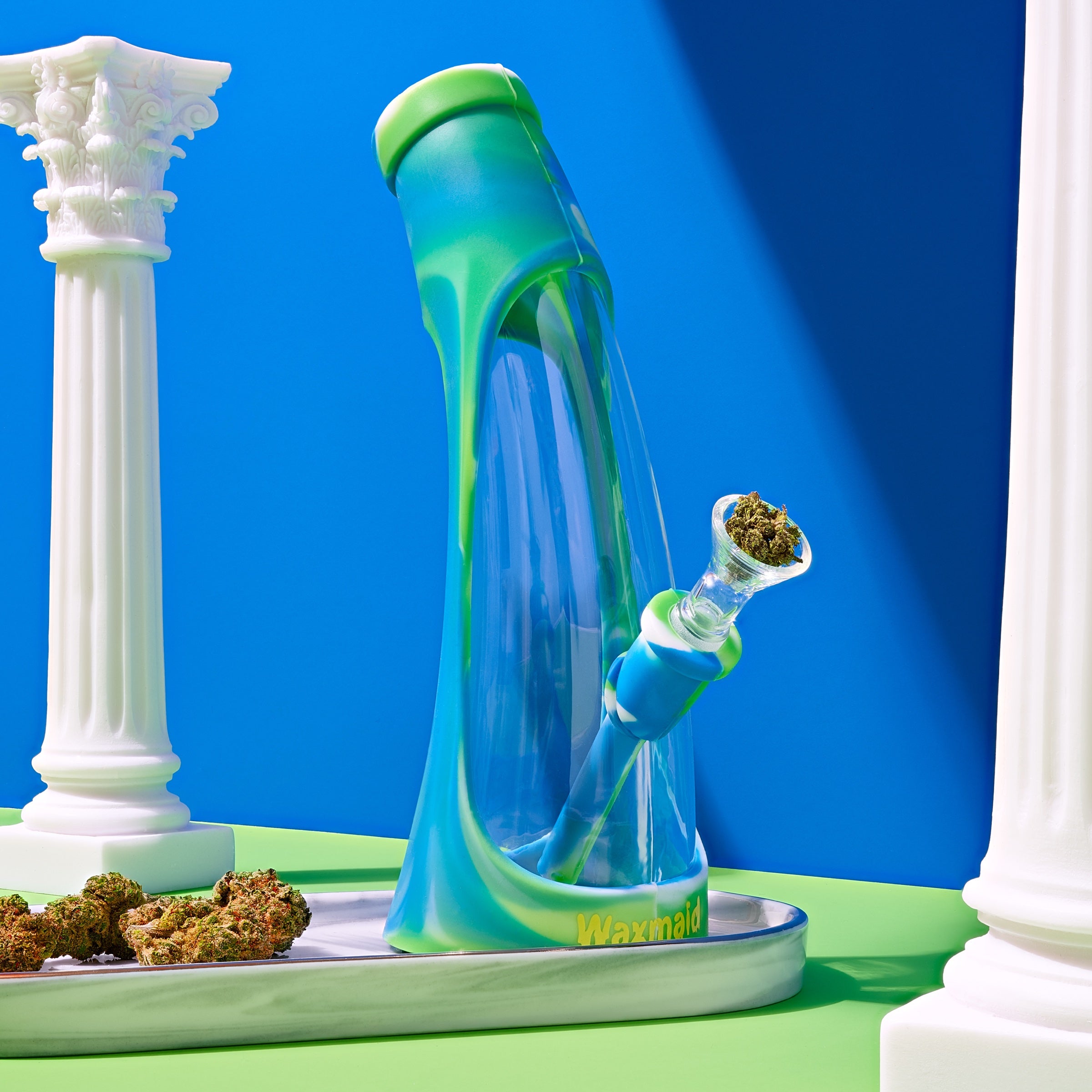 Blue and green water pipe still life with props