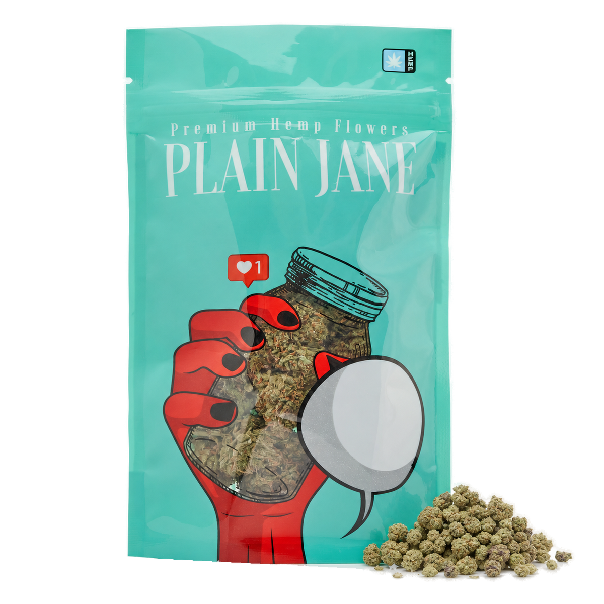 Plain Jane hemp flower bag with a representative pile of THCA small buds